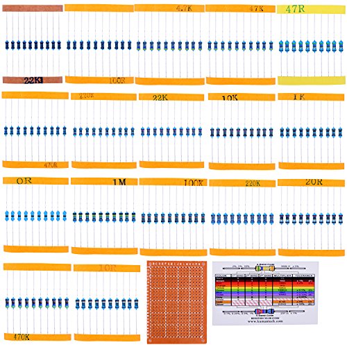 kuman 17 Values 1% Resistor Kit Assortment, 0 Ohm-1M Ohm (Pack of 525) with 5x7cm Solder Finished Prototype PCB Circuit Board Breadboard for Arduino Rasbperry pi 3 2 1 Model B B+ A DIY K78