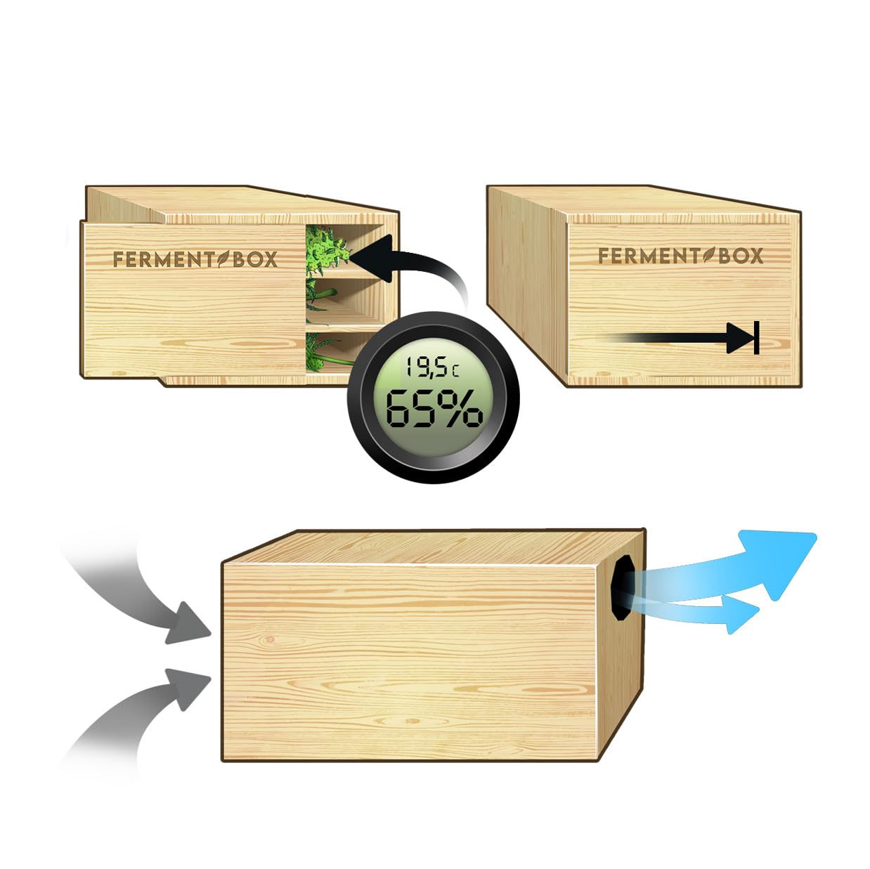 FermentBox® – Komplettset zur Trocknung, Curing & Fermentation mit Aktivkohlefilter für Blüten – Optimale Luftzirkulation & Feuchtigkeitsregulierung – 100% Kiefernholz – 200g Kapazität, geruchsfrei