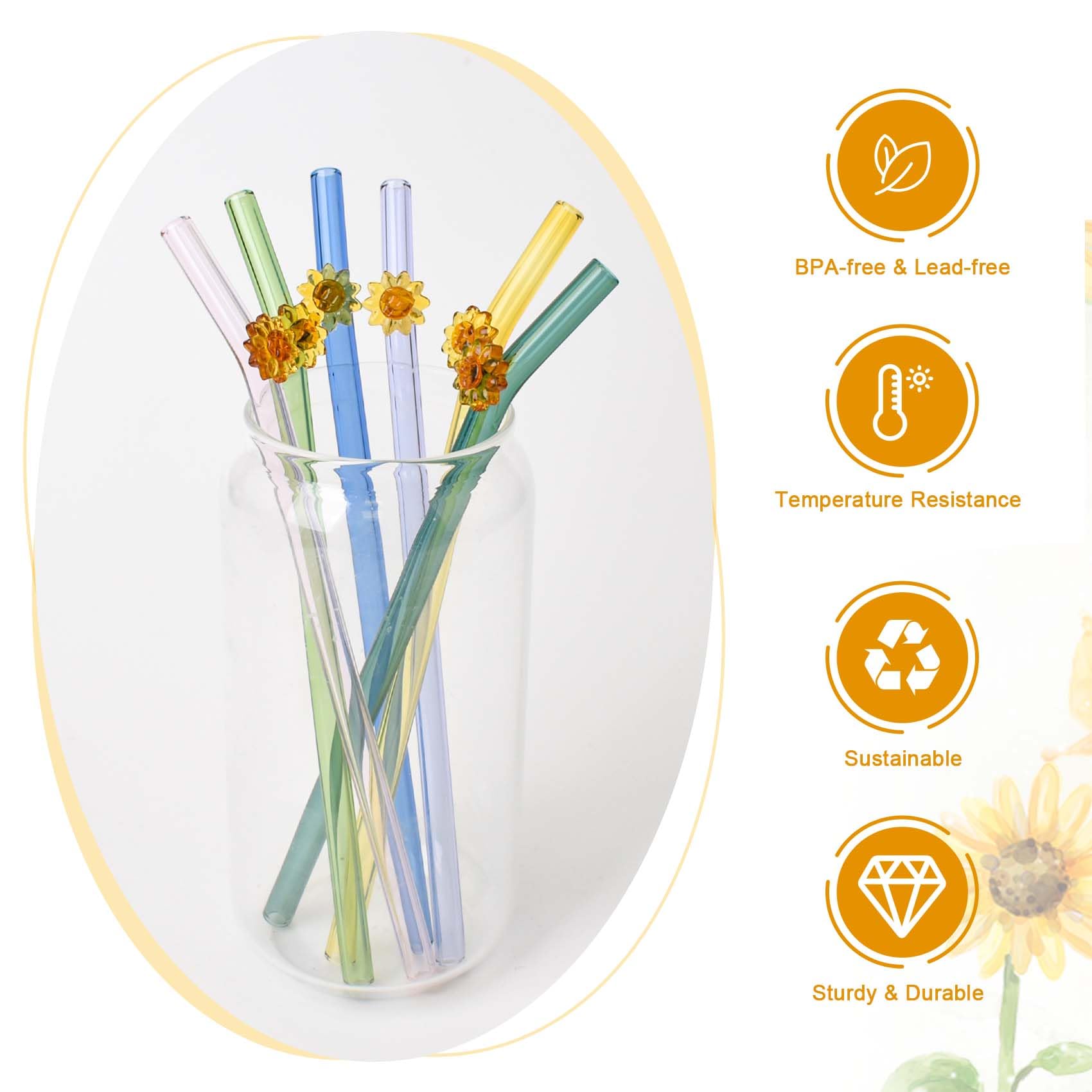Eremaoy 6-Piece Glass Straws Set, Colorful Sunflower Design, Reusable with 2 Cleaning Brushes, Ideal for Coffee Milkshakes - Image 2