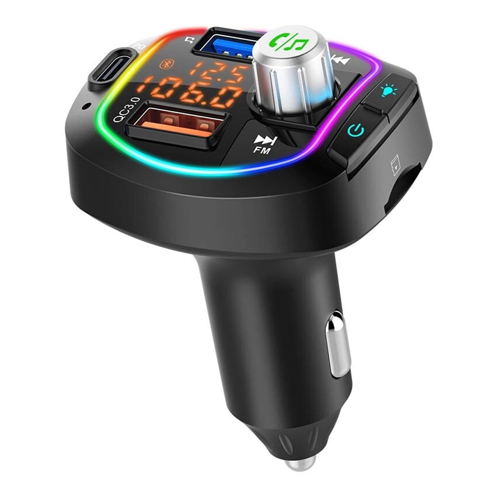 Adattatore Audio Bluetooth. Doppio USB Caricabatterie PD + QC3.0. Caricabatterie Bluetooth 5.0. FM. Giocatore MP3 Auto trasmettitore con DSP A2DP. modalità Supporto Luminoso colorato U Disco