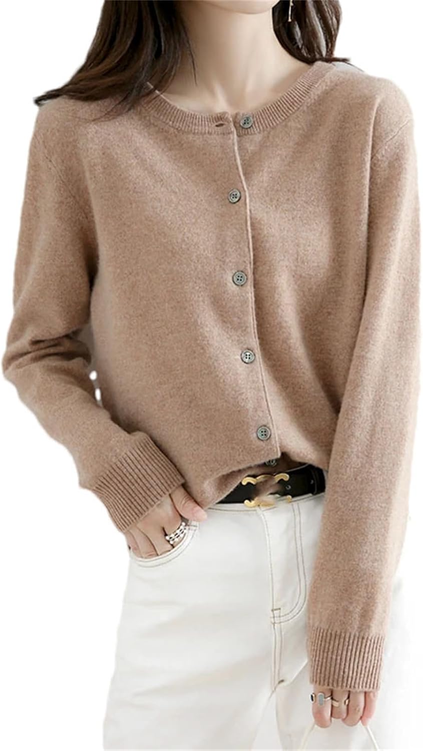 Cardigan Femme En Laine Mérinos - Col Rond, Boutonnage Simple, Style Décontracté - Pour Automne/hiver, Coupe Régulière