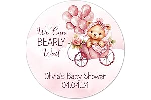 Pink Bear Baby Shower Stickers 2 inch Round, Pack of 36 We...