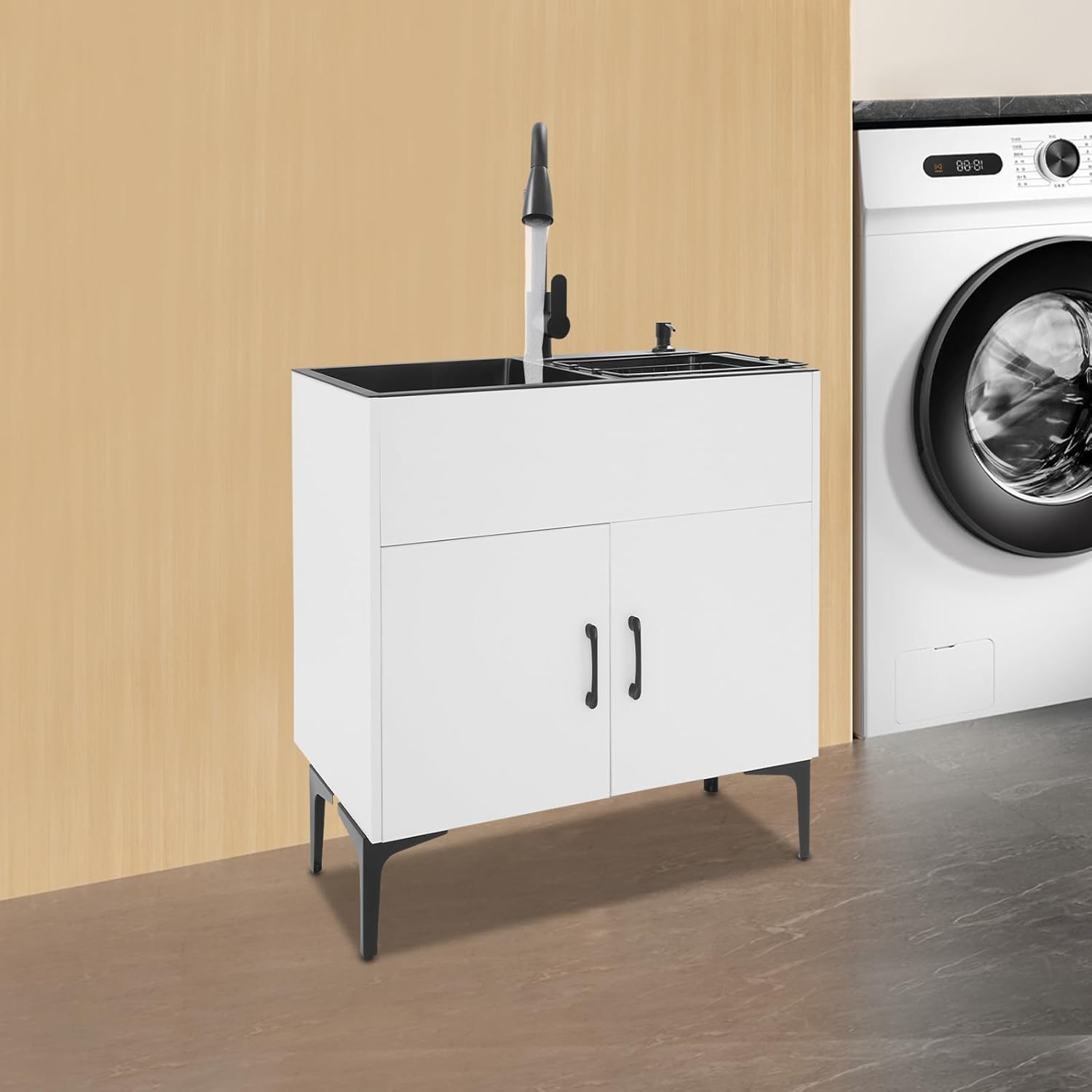 30in Laundry Sink with Cabinet and Pull-Out Faucet, Stainless Steel Kitchen Sink Cabinet for Laundry/Utility Room, Bathroom Kitchen and Garage, White, Double Bowl