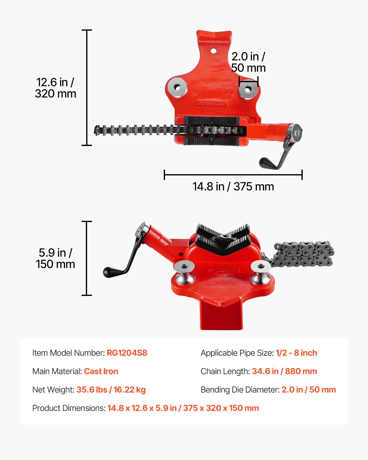 VEVOR Morsa a Catena per Tubi per Impieghi Gravosi, Catena Robusta da 880 mm e Base in Ghisa, Morsa a Catena con Leva, per Idraulica, Riparazioni Automobilistiche, Lavorazione dei Metalli
