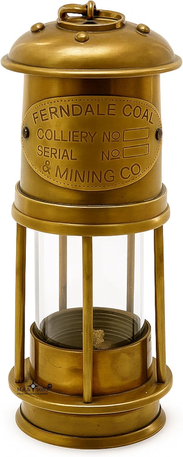 M.A & SONS Handmade Vintage Brass Oil Lamp Lantern, Antique Finish Miner's Lamp Design – Solid Brass & Glass Kerosene Lantern with Hanging Hook for Home Décor & Ambient Lighting, 7" Tall