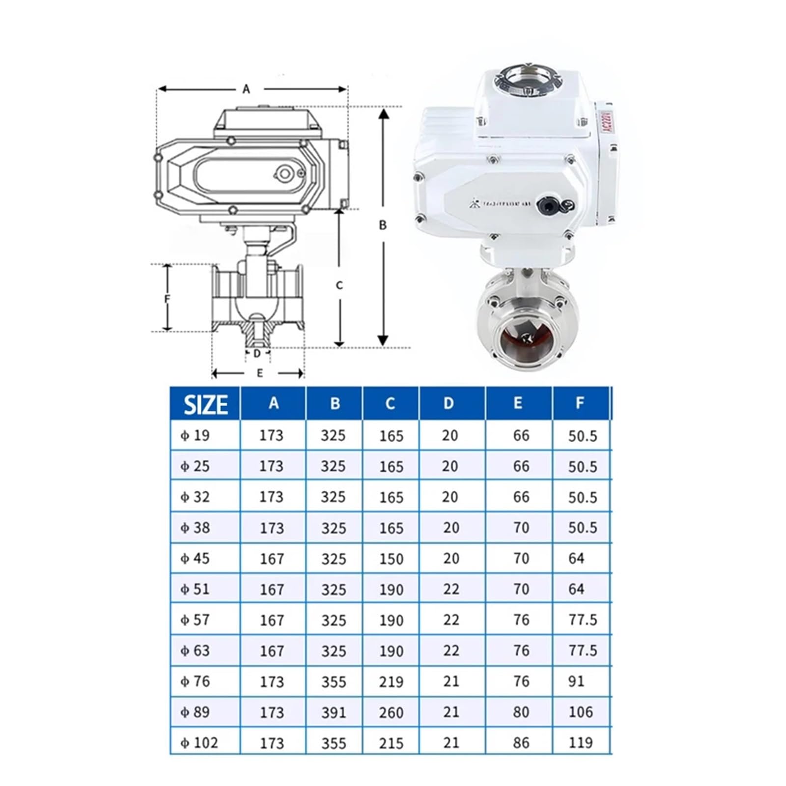 Válvula de Mariposa Sanitaria de Acero Inoxidable 304 con actuador eléctrico, de 19-76 mm, con Abrazadera Triple de 1,5", 2", 2,5" y 3".(OD32mm x TC50.5)