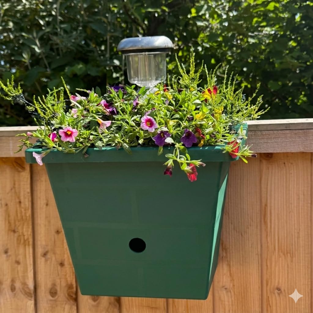 3-in-1 Hanging Fence Planter with Solar Light & Bird House – 5* Garden Décor with Nesting Box, Durable Fence Outdoor Planter for Plants & Wild Birds, Multi-Colour Light, No Tools - BROWN (Green)