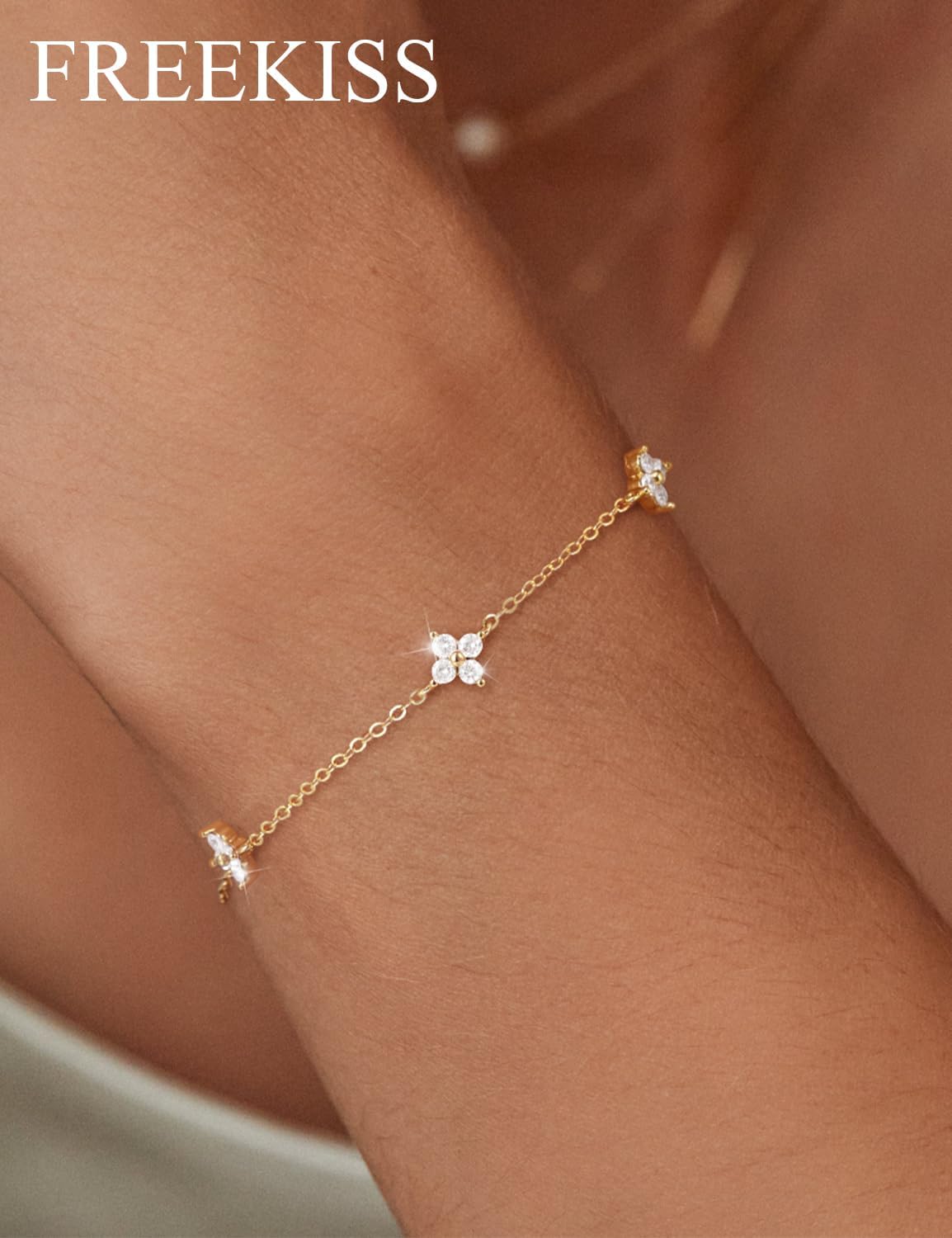 Freekiss Gold Silver Clover Bracelets for Women, Dainty Adjustable Four Leaf Clover Charm Bracelet with Zircon, Lucky 4 Leaf Bracelet Stackable Jewelry Gifts - Image 3