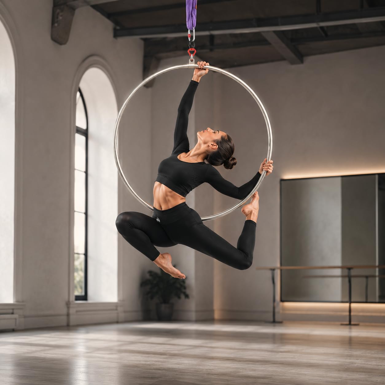 Lyra Hoop Ensemble d'anneaux aériens en acier inoxydable 95 cm Cerceaux à point unique Circus pour débutants et professionnels Kit d'anneaux aériens Équipement de yoga aérien 300 kg