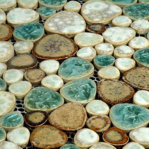 Hominter 6-Sheets Backsplash Bathroom and Kitchen Tiles, Glazed Ceramic Pebble Tile, Heard-Shaped Porcelain Pool Tile - Blue/Cream/Coffee PPT009