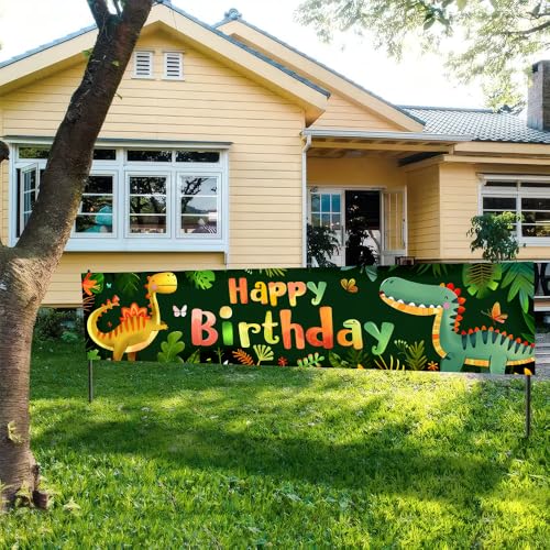 Image of Dinosaur Birthday Outdoor Banner 78.7 x 17.7 Inch Green Jungle Cartoon Dinosaur Pattern Party Decoration for Yard Garden Fence Porch Patio or Outdoor Celebration Display