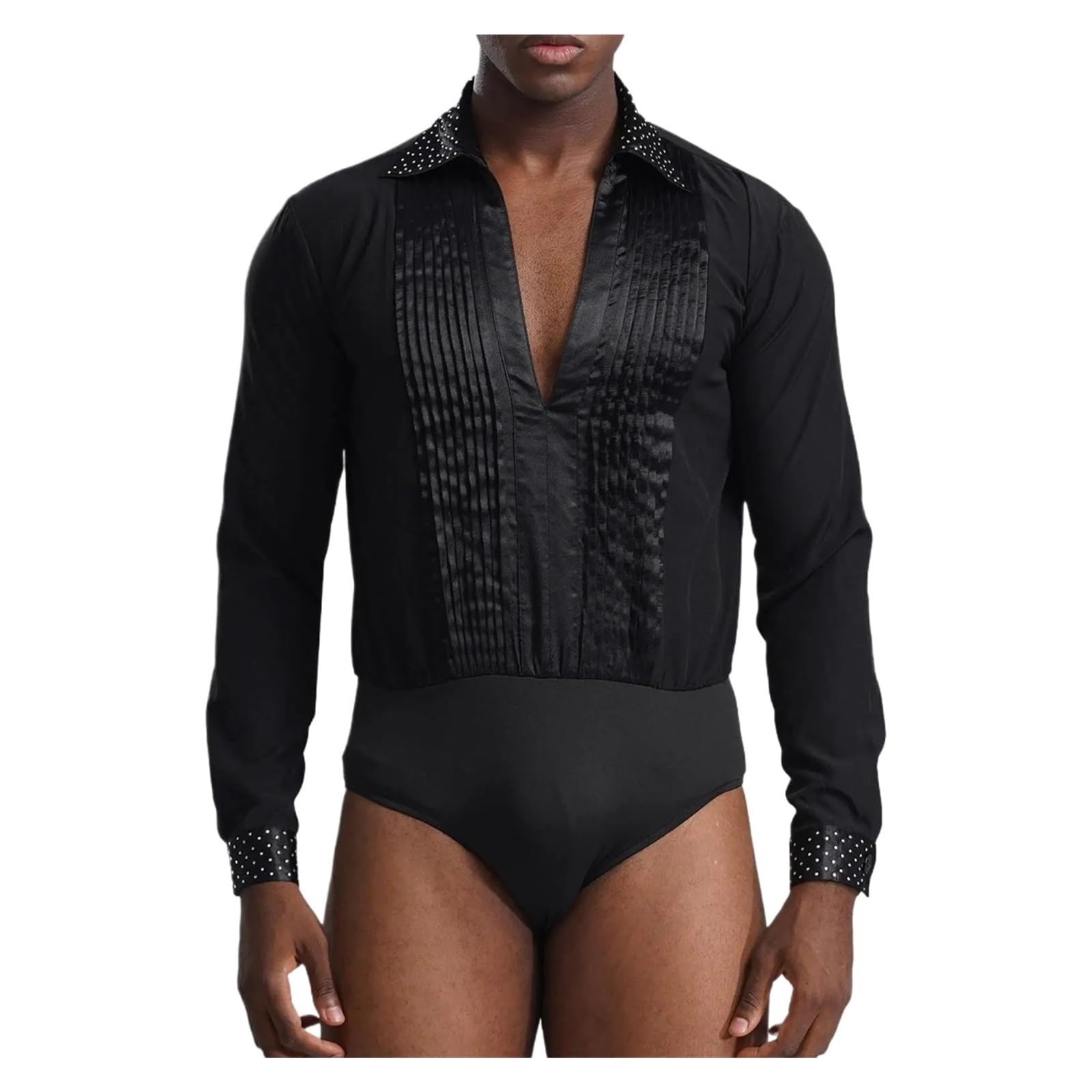 Camicia da Ballo Latino Costume da competizione di danza latina uomo con strass scintillanti, body ballo, abbigliamento sala, scollo a V, manica lunga, plissettato Per la danza