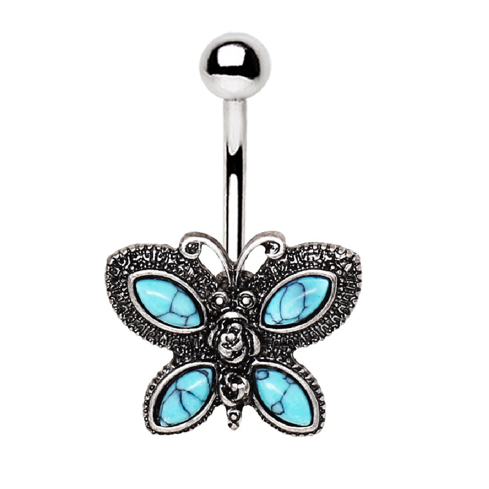 Pierced Owl Antique Turquoise Butterfly Belly Button Ring in 316L Stainless Steel