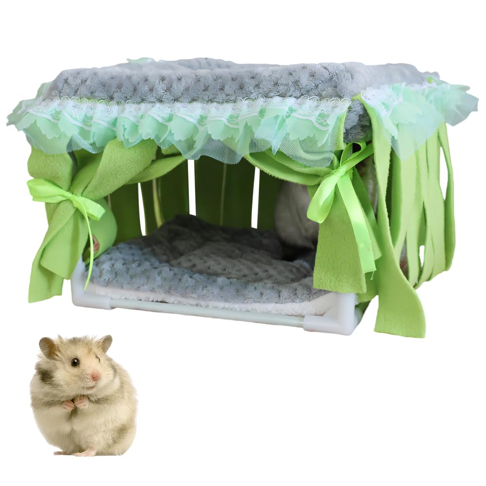 Guinea Pig Hideout,Machine/Hand Washable Hamster Cage Hideaway Bed with Fringe Curtain for Hamsters Dwarf Rabbits Chinchillas Ferrets Hedgehogs