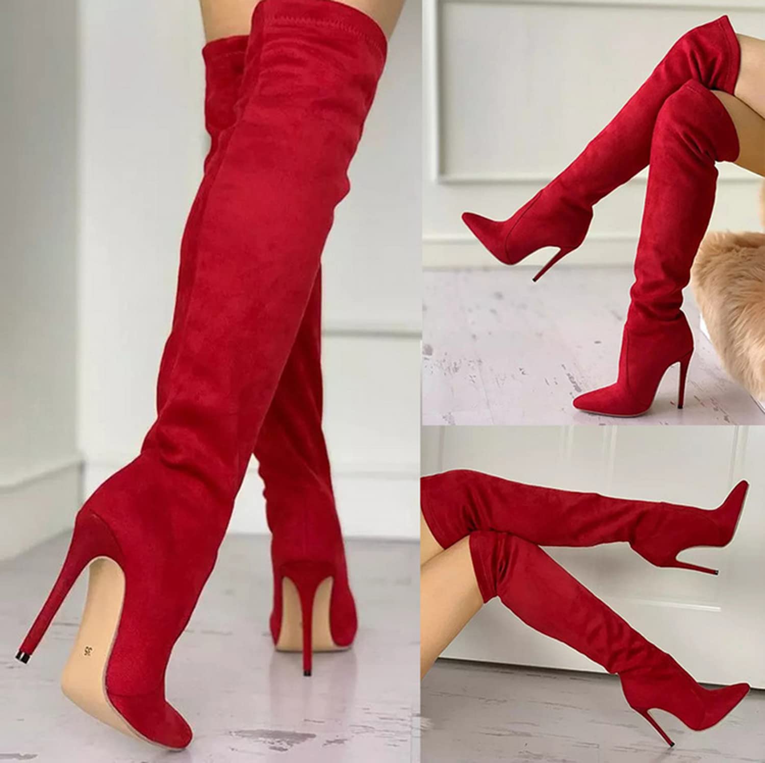Femmes Stretch Suede Cuissardes Sexy 4.3 Pouces Talon Aiguille sur Les Bottes Au Genou Bout Pointu Élasticité Robe Bottes Longues Chaussures