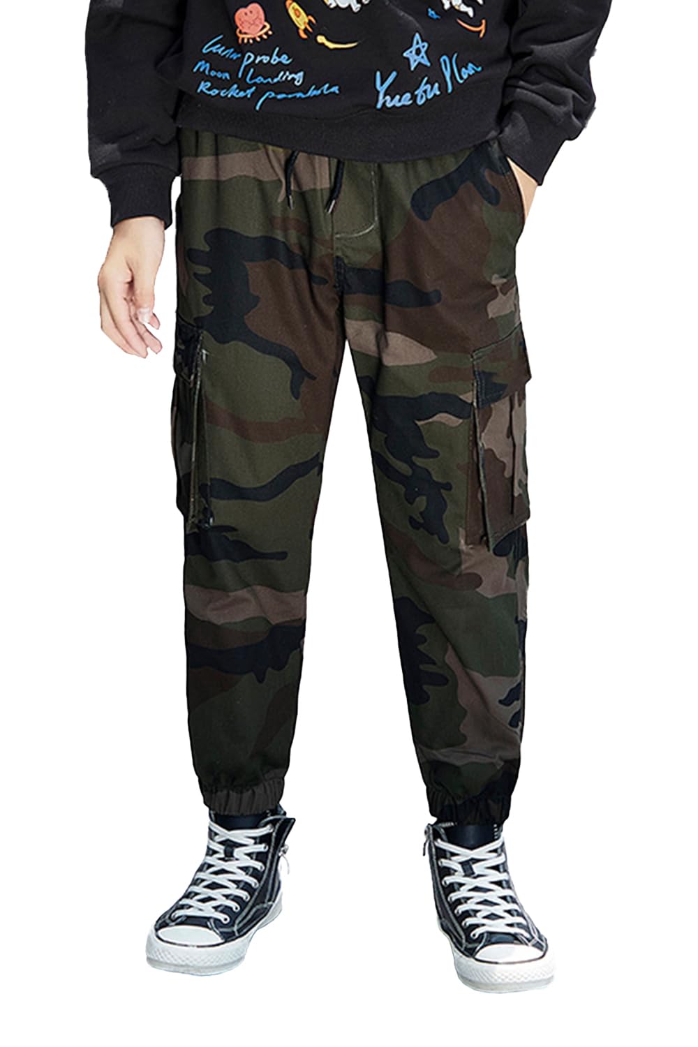 KGYABoy's Cargo Pants Drawstring Elastic Waist Joggers Cotton Twill Jogging School Trousers with 6 Pockets