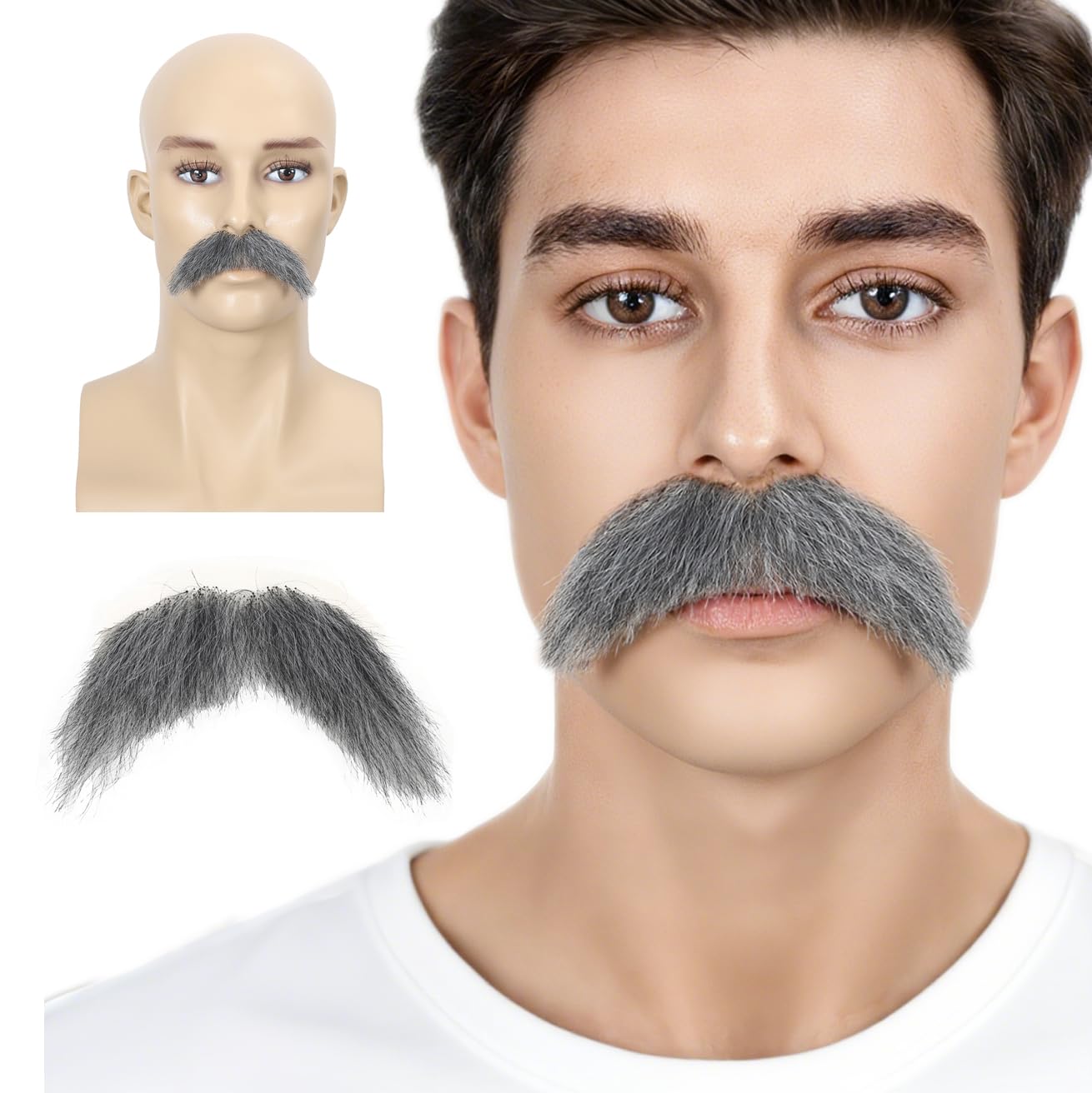 Adytom 100% Hand Knoted Lace Base Heat Resistant Synthetic Fiber Fake Novelty Beard Goatee Halloween Costume adult Mustache (Grey)