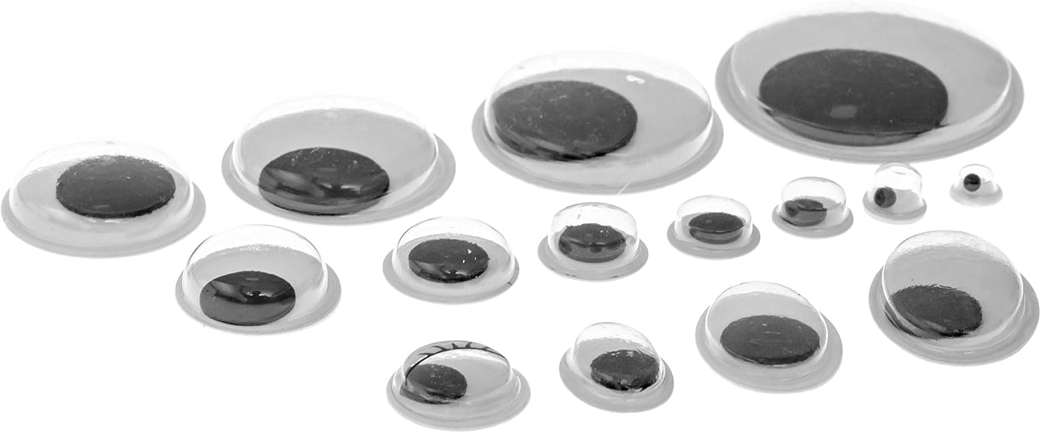 Variety Value Pack SANC 1 Box/lot (Approx.1120 pcs) 0.16 inches (4mm) to 1 inch (25mm) Round Plastic self-Adhesive Black Googly Wiggle Eyes Wide Variety Assorted Sizes