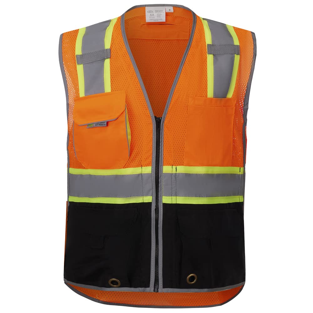 3C Products SV3800, ANSI/ISEA Class 2 Surveyor Safety Vest w/Yellow binding, Zipper, iPad Pocket, Neon Orange w/Black Bottom,3XL