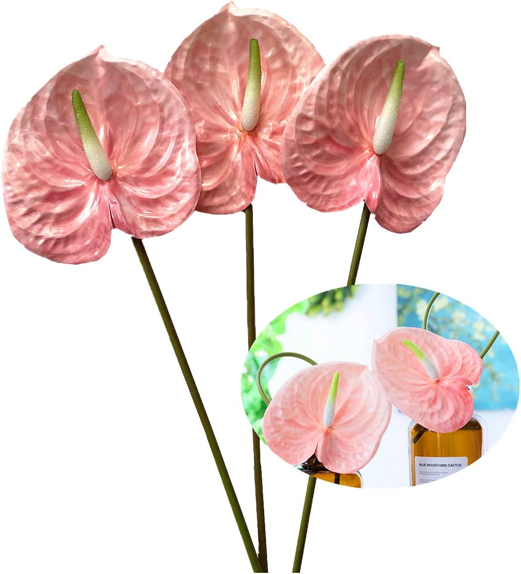 3 PCS 27" Artificial Anthurium Lily Flowers for Home Decor Bouquet and Green Leaf for Home Decoration Bridal Wedding Festival Decoration Small Flower Flower Arrangement (Light Pink)