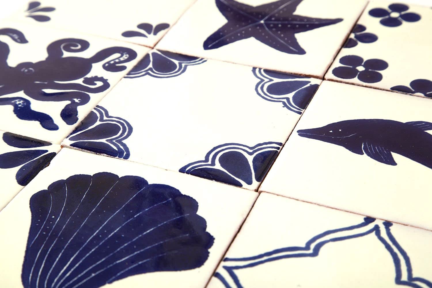Cerames Mexikanische Keramische Fliesen Mariscos - 30 dekorative mexikanische mosaik fliesen für Badezimmer, Küche, Dusche, Treppen, Küchenrückwand | Keramikmosaikfliesen 10,5x10,5 cm