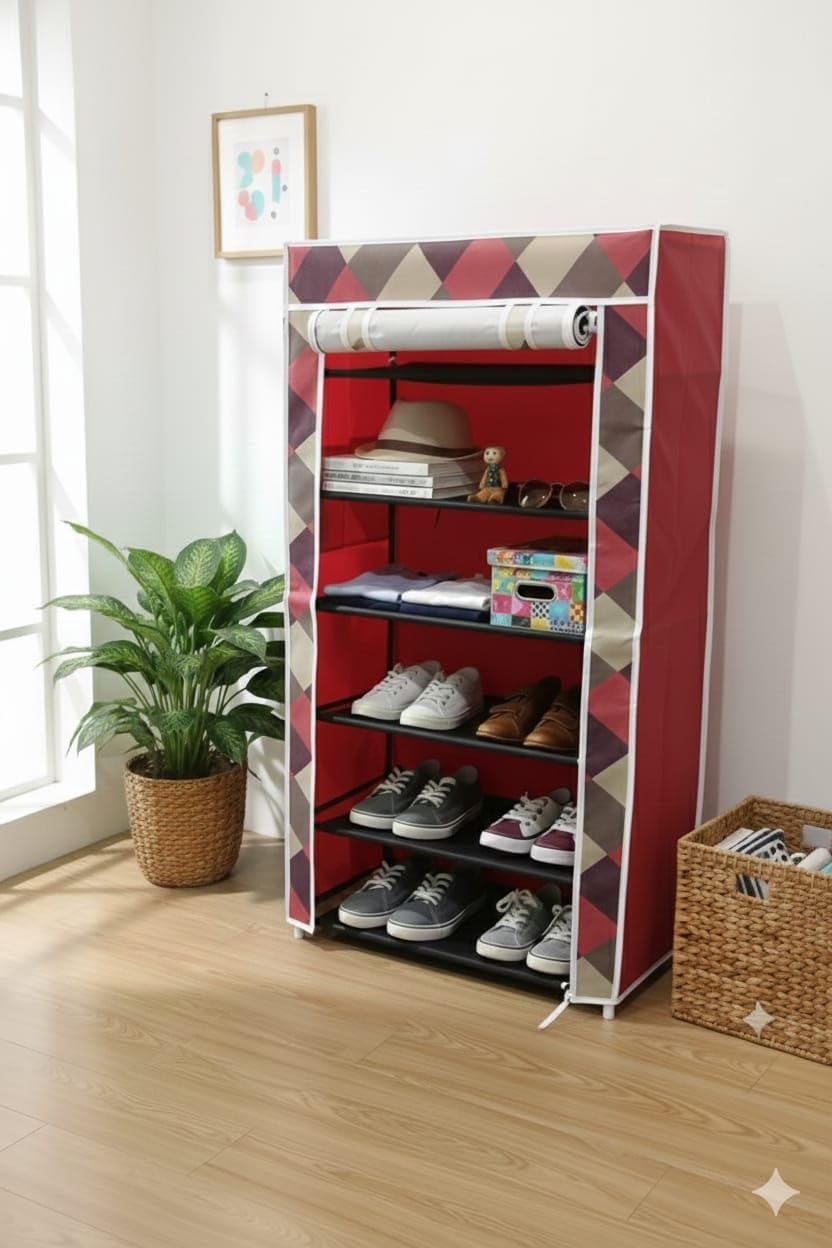 6 Layer Plastic Shoe Rack with Printed Cover | Dustproof Foldable Shoe Organizer for Home, Bedroom & Entryway | Lightweight Storage Cabinet (Tyle)