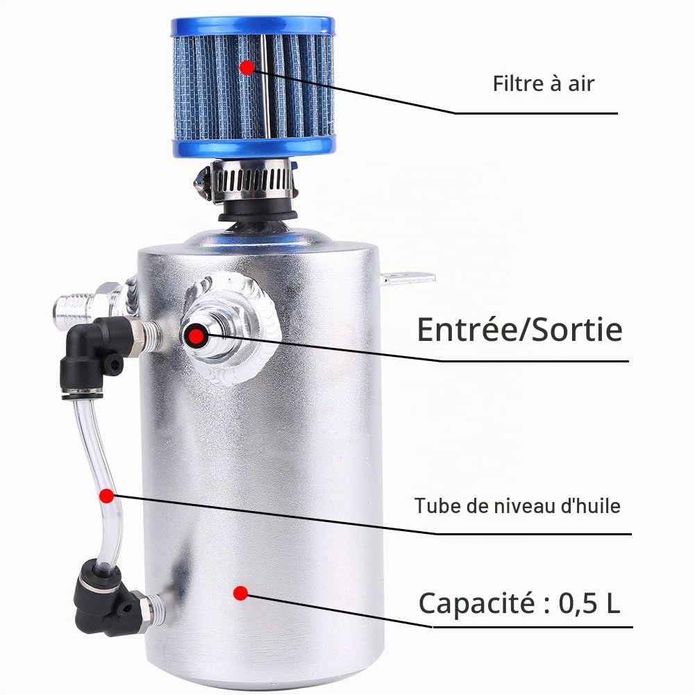 Qiilu Réservoir de Capture d'Huile 0.5L - Kit de Récupérateur en Aluminium Breather pour Voiture - Oil Catch Tank (Argent SI-A0409)