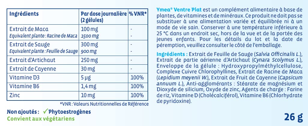 Ymea Ventre Plat - Complément Alimentaire ménopause(1) - actifs végétaux, vitamines et minéraux - contrôle des bouffées de chaleur (1) et ventre plat(2,3) - 64 gélules - 1 mois