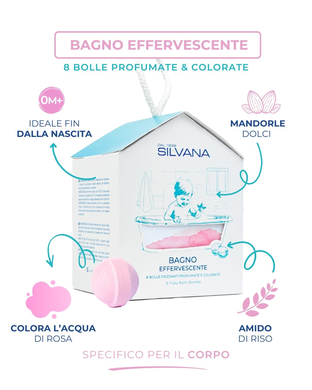Silvana Bagno Effervescente Coccole per Bambini – Bomba da Bagno Naturale con Olio di Mandorle, Amido di Riso e Burro di Cacao – Bagnetto Rilassante e Idratante – Made in Italy
