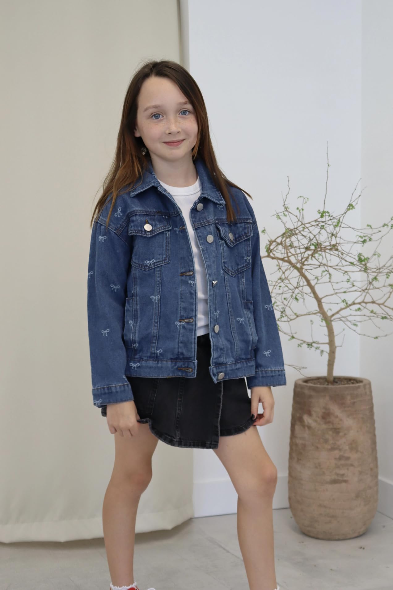 Rolanko Veste en Jean pour Filles, Blousons de Bleu Denim de Base Délavé, Chemises en Jean Boutonnées Vers le Bas