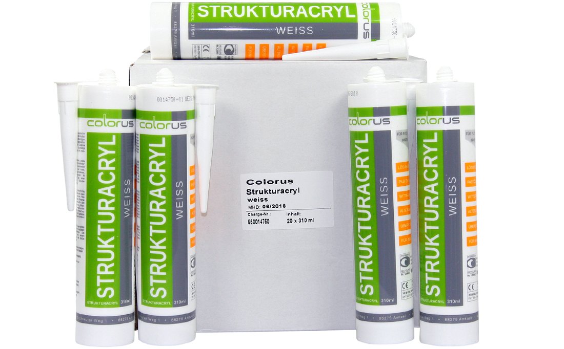 Colorus Struktur Acryl weiß 24 x 310 ml – Maleracryl mit putzähnlicher Struktur – Elastischer Dichtstoff für Risse in Putz & Fassade – Überstreichbar & Witterungsbeständig