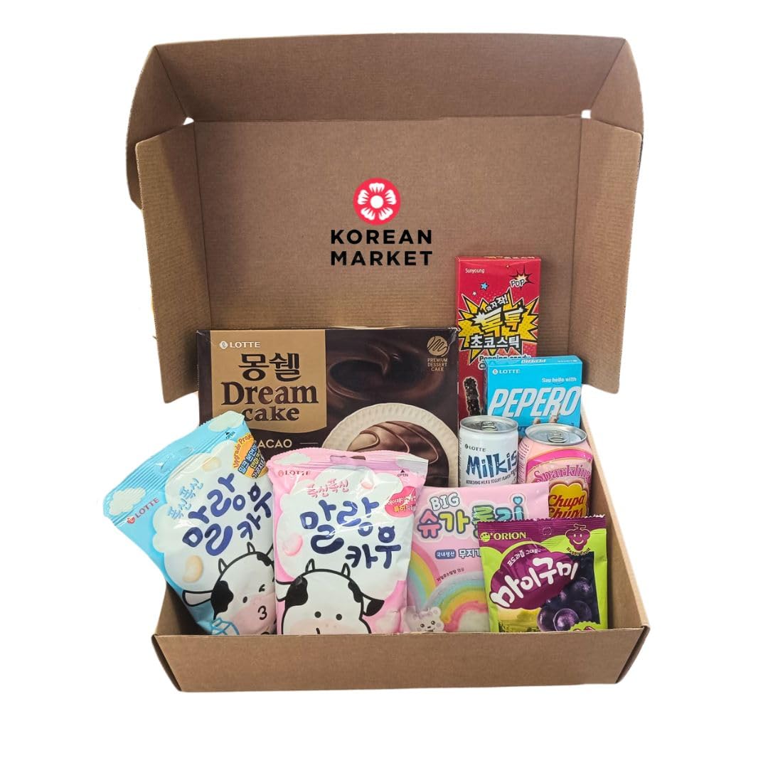 Korean Market | Caja Misteriosa de Dulces Coreanos | Un Regalo Dulce | 1 Caja Galletas Choco, 2 Refrescos, 2 Sticks Galleta y Choco, 2 Nubes de Caramelo, 2 Algodón de Azúcar y 2 Gominolas Coreanas