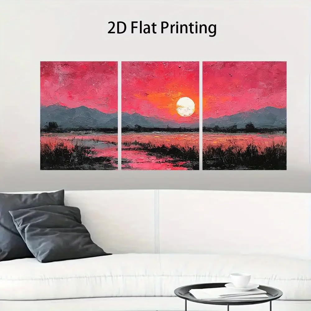 IXEHOH 3 Teiliges Leinwandbild Pinker Sonnenuntergang, Große Moderne Abstrakte Wandbilder für Wohnzimmer, Emotionale Natur Landschaft Kunstdrucke, Ästhetische Wanddekoration für Schlafzimmer 30x40cmx3