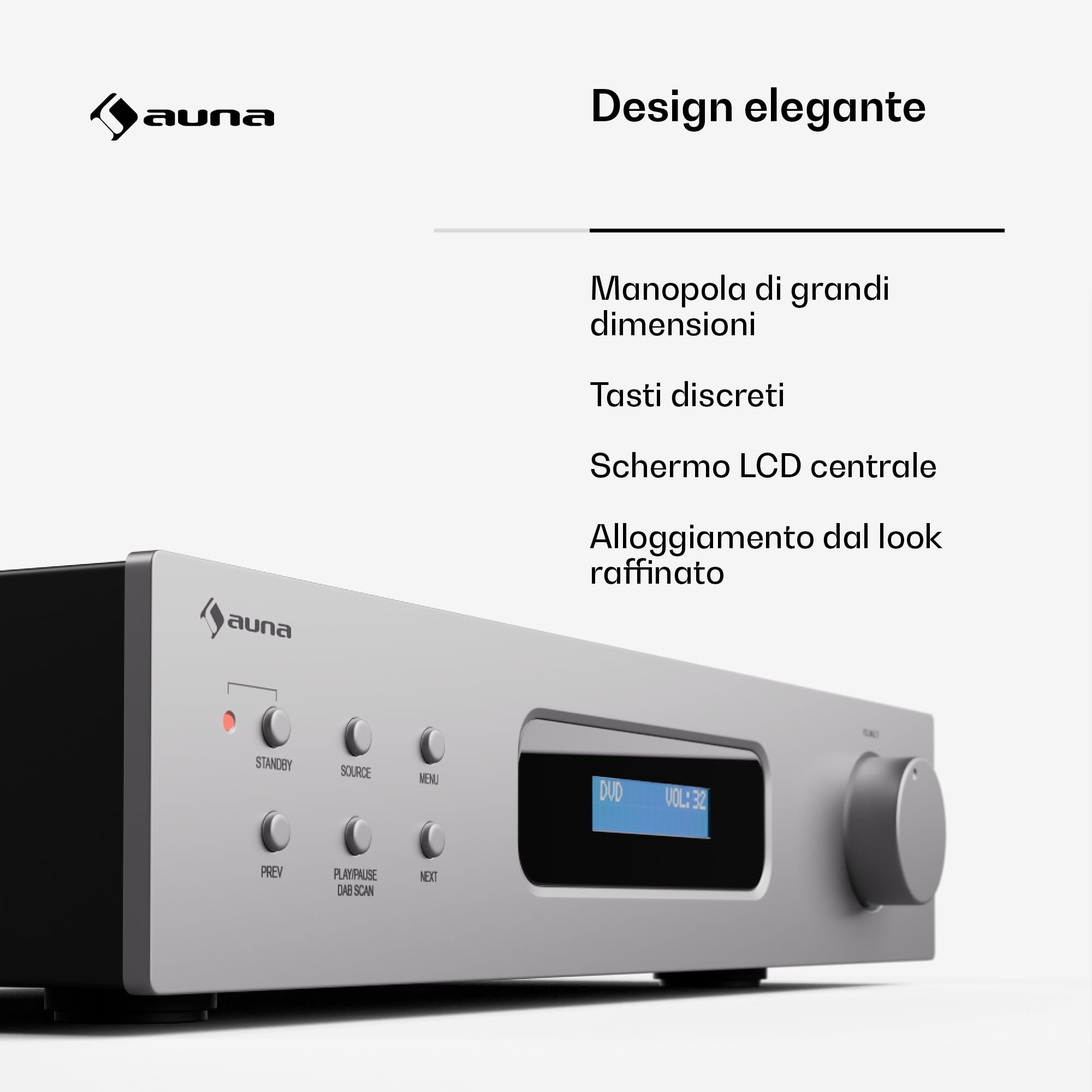 Auna Art22 - Amplificatore HiFi Bluetooth & Radio DAB+, 2x60W, Stereo, Ingressi Ottici & Coassiali, FM, CD/DVD, Telecomando, Design Compatto, Bianco-Argento