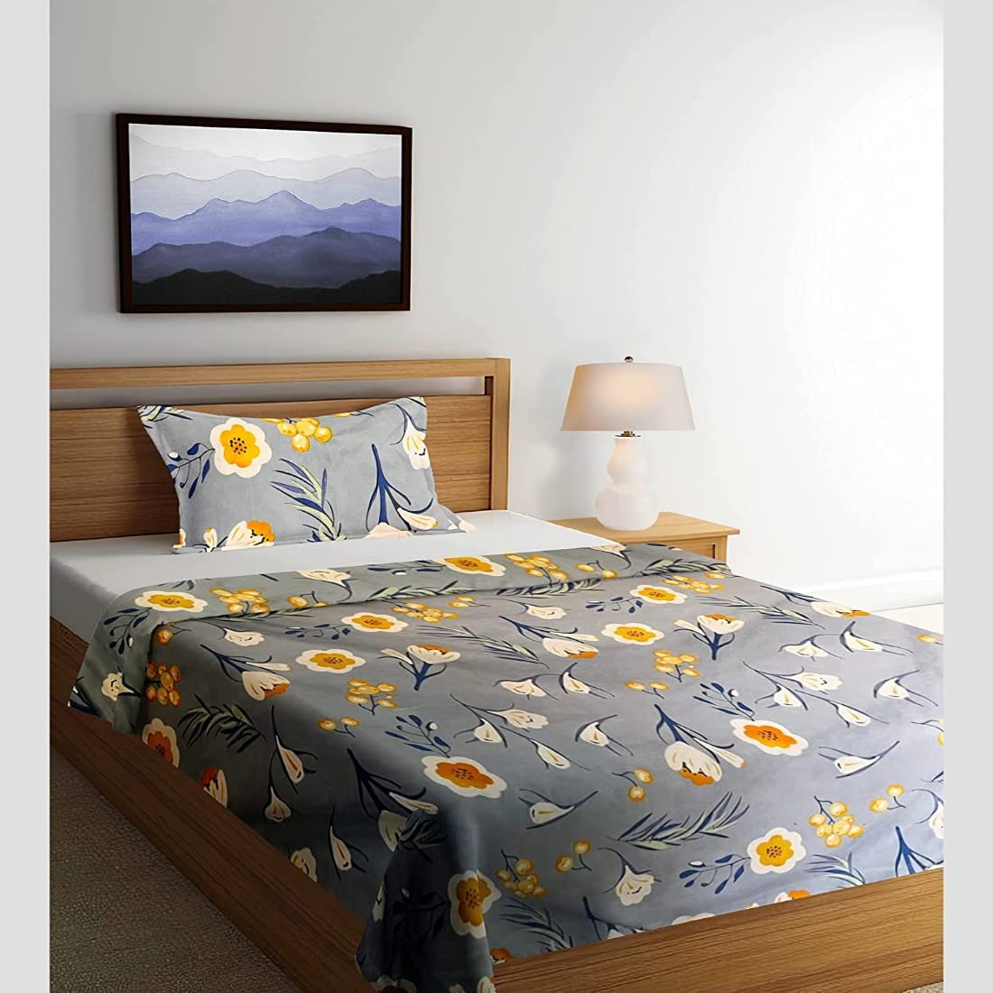 SHIVI CREATIONPrime Collection 160 TC Glace Cotton Supersoft Single Bedsheet with 1 Matching Pillow Cover (Multicolour, Size 60 x 90 Inch) - Grey Tulip - Gold Single