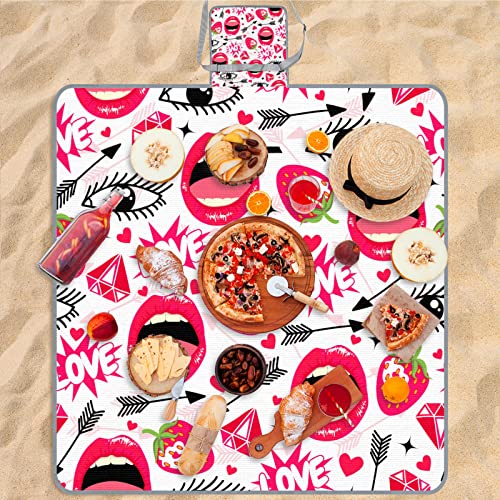 Bardic Cobertor de piquenique tapete de praia lábios rosa, suporte impermeável dobrável portátil par