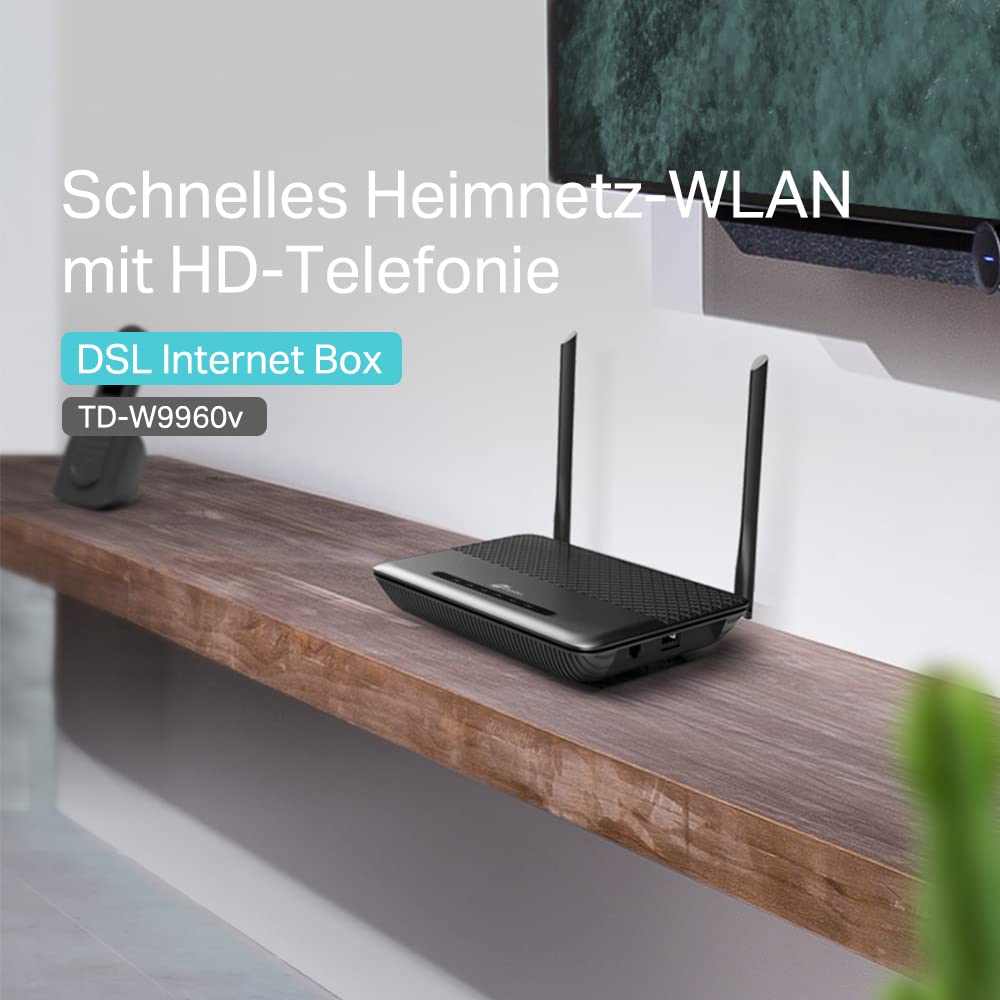 TP-Link TD-W9960v WLAN Telefonie VDSL DSL Modem Router (300 Mbit/s a 2,4GHz, VDSL-Vectoring 100Mbit/s, komp. mit Telekom/1&1/Vodafone/O2, DECT Basis und Mediaserver, nur für Deutschland) schwarz