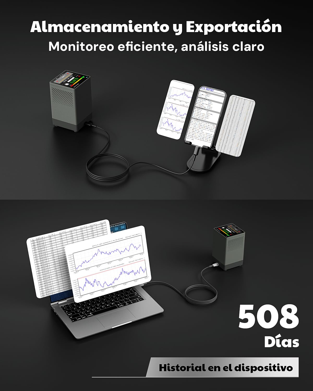 HOUND-2033 Detector de radón, Pantalla táctil 3,4", actualizaciones Cada 10 min, alarmas sonoras/visuales, portátil, Recargable, monitoreo prolongado, exportación USB, pCi/L o Bq/m³ – Negro