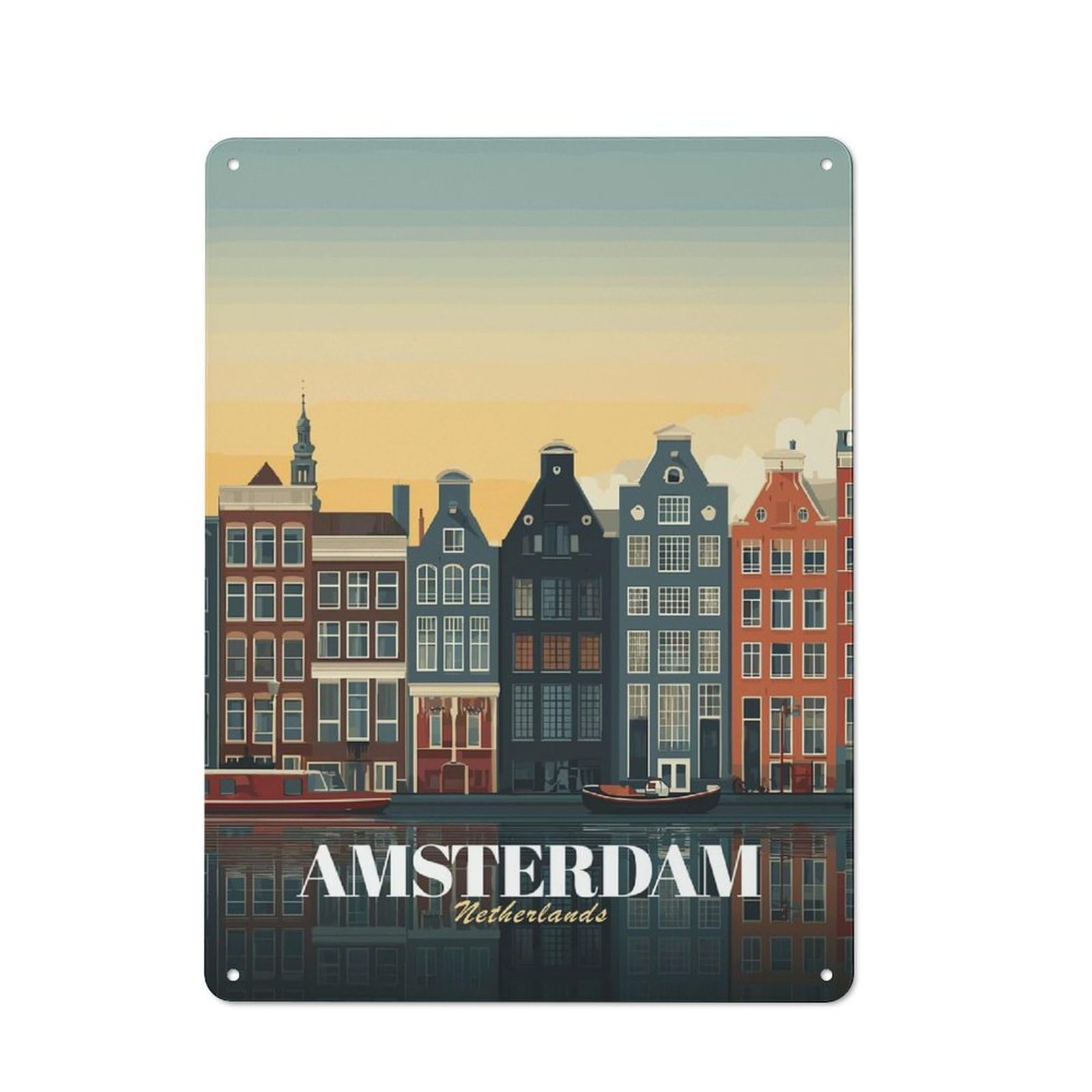 Decorative Metal Sign with Amsterdam Netherlands Cityscape Illustration Design 40x30cm, Cosy Cafe Wall Decor for Kitchen, Cafe, Pantry Or Dining Room