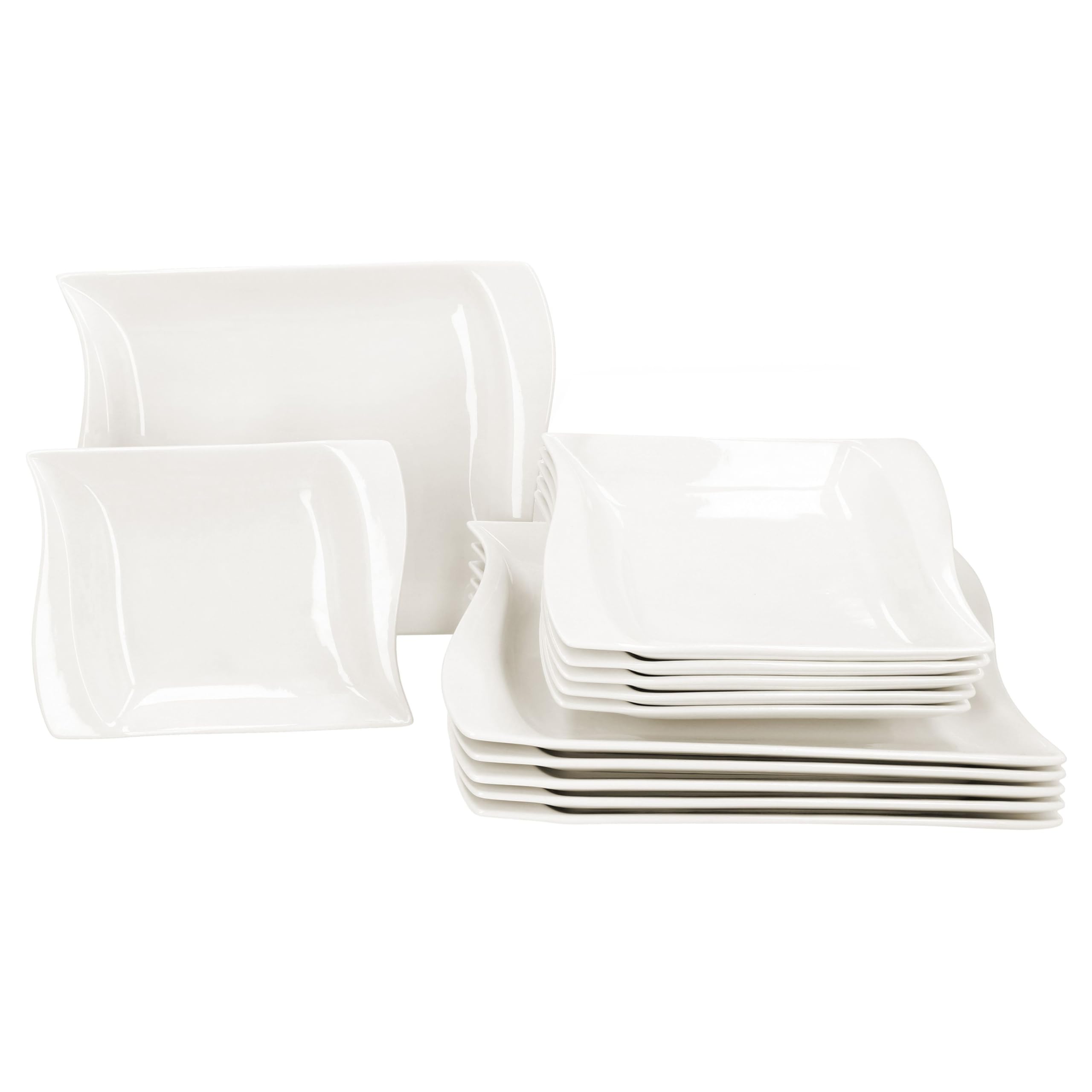 MamboCat Ivory - Servizio da tavola da 12 pezzi, in porcellana bianca avorio, per 6 persone, 6 piatti fondi da 300 ml e 6 piatti piani per colazione, pranzo e pane da cena