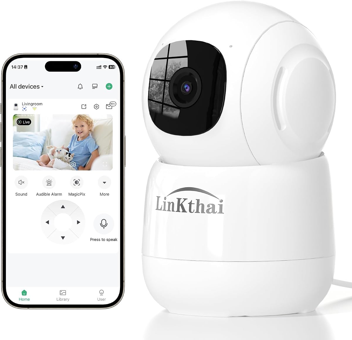 Indoor Security Camera 2K Pet Camera 2.4 GHz Dog Camera White | App Motion Detection Auto Tracking Alarm Live Notice Schedule Default Location, Pet Camera with Night Vision