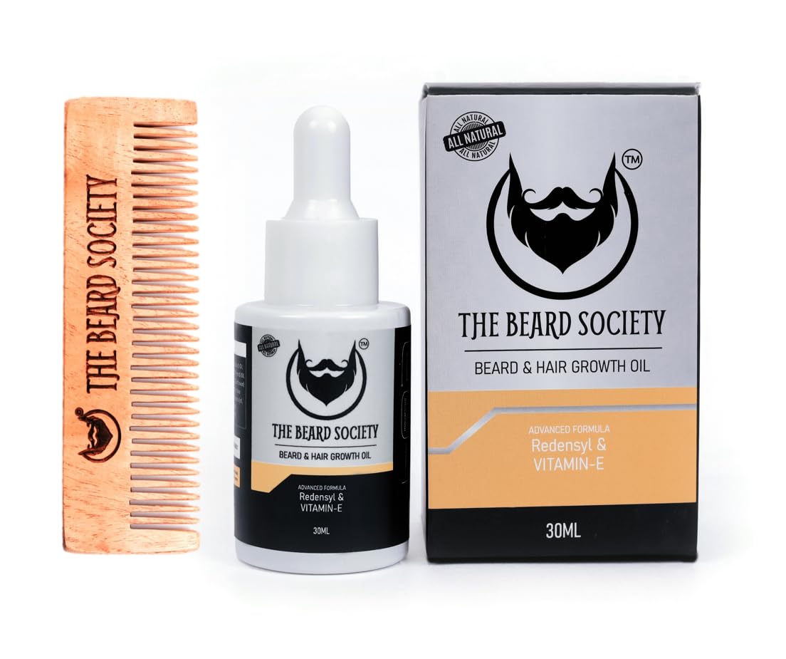 THE BEARD SOCIETY Beard Oil Combo, Beard Oil (30 ml), Beard Comb, Promotes Beard Growth Hair Growth, Neem Wooden Comb For Perfect Beard Shape and hair Growth
