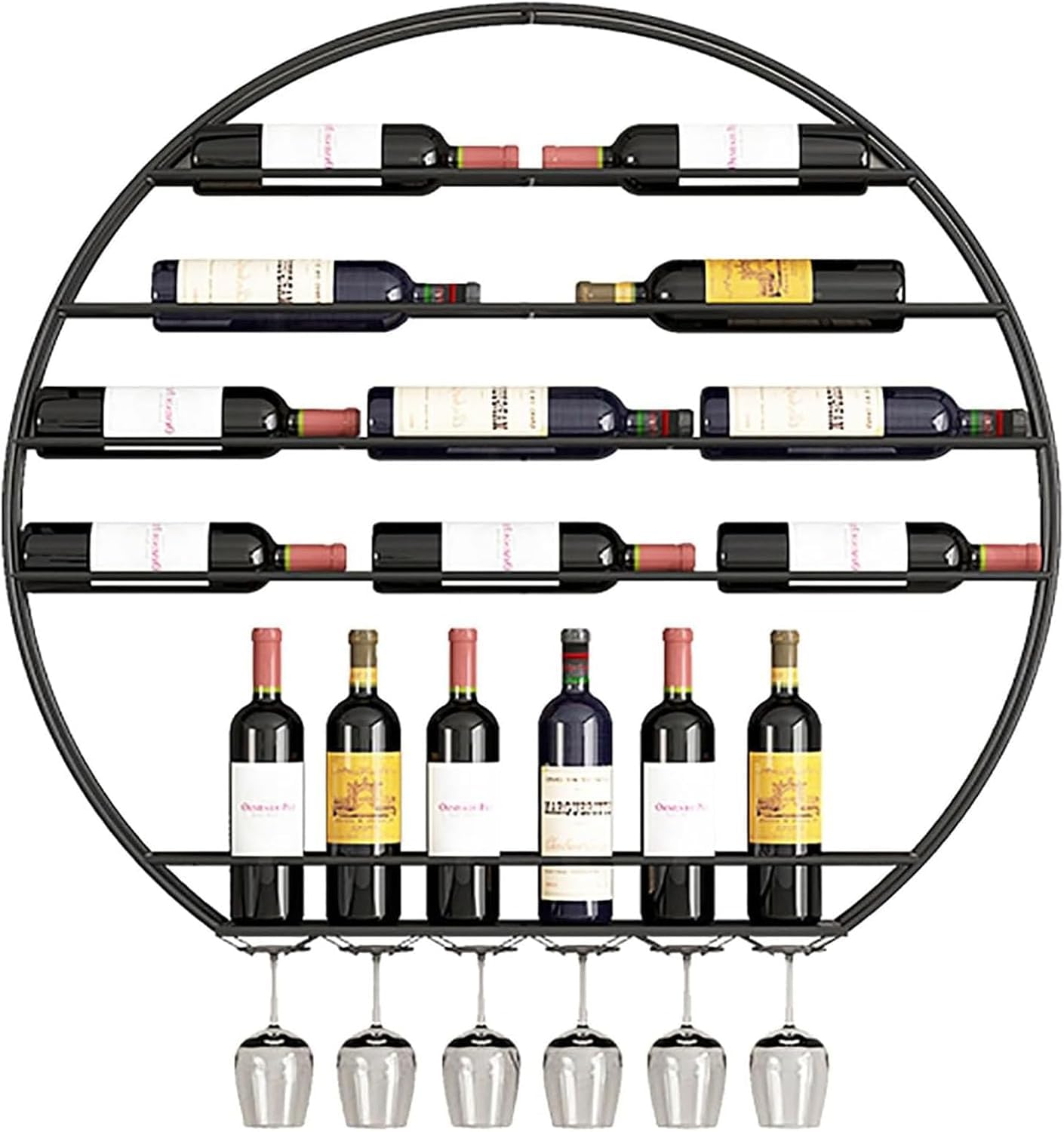 SAYEYBU Iron Wall Mounted Wine Rack Creative Wine Bottle & Glass Rack Modern Round Wine Rack Iron Display Stand Wine Holder for Bar Living Room Restaurant,Black,80cm