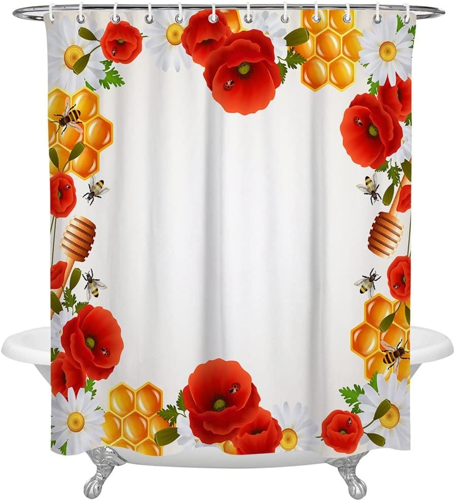 Bee Beehive Daisy Poppy Flower Shower Curtain For Bathroom Polyester Fabric Bathroom Curtain Home Bathroom Decoration (Color : D, Size : 91X183CM) (D 91X183CM)