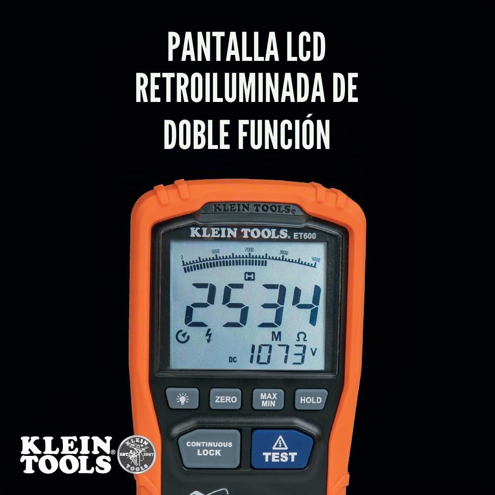 Klein Tools ET600, multímetro probador de resistencia de aislamiento, resistencia de 4000 megohm, voltaje de prueba de 125 V/250 V/500 V/1000 V