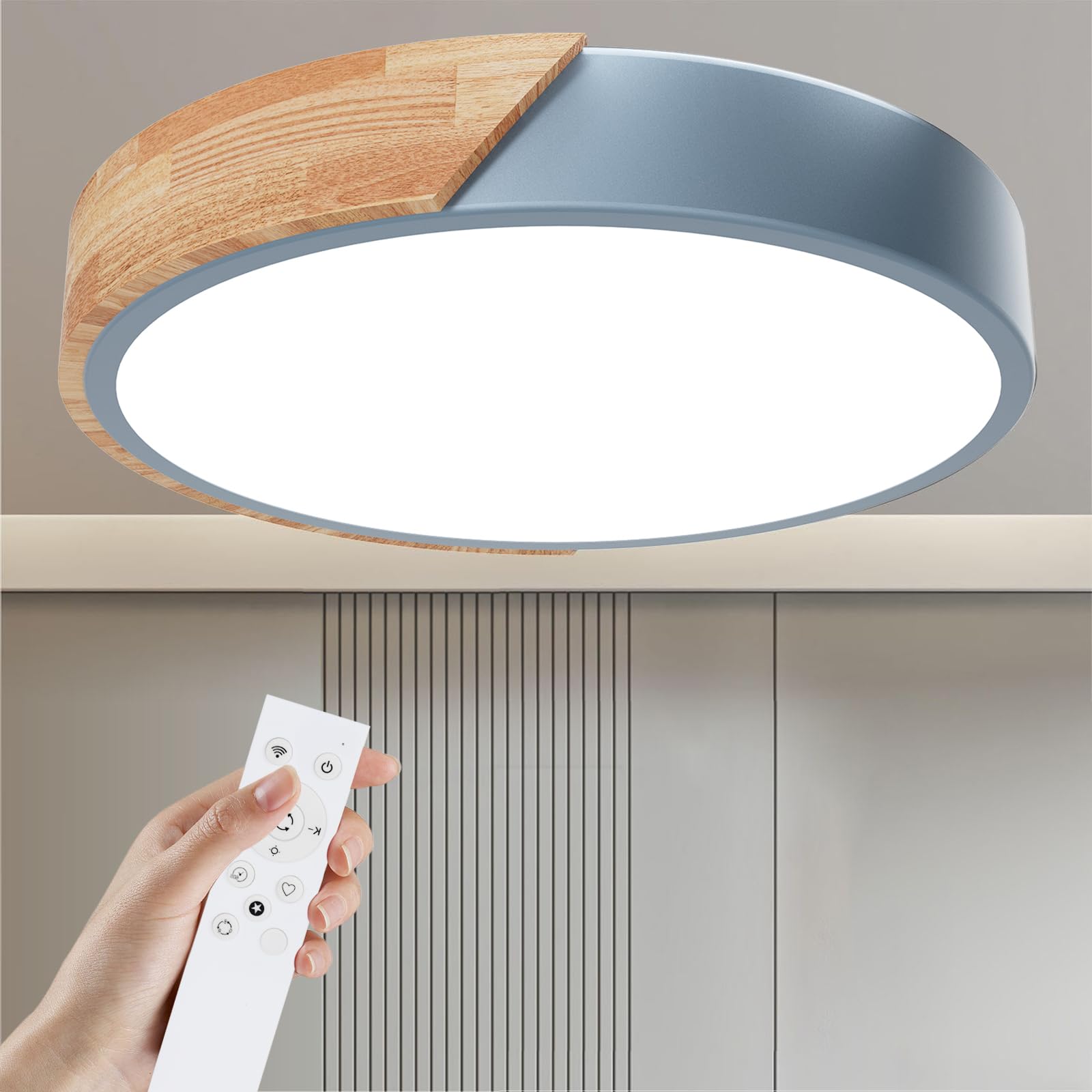Yexati Ceiling Light Wood,Dimmable Ceiling 3000K-6000K,Remote Controlled Led Ceiling Light,24W Modern Light Fixture for Living Room, Bedroom and Hallway, 30CM，Blue