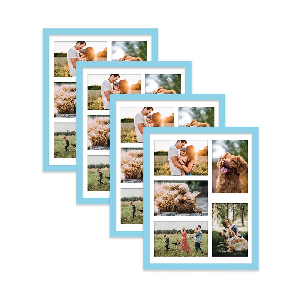 Light Blue Multi Photo Frame - Holds 5 x 6x4 Pictures, Family Collage Picture Frame for Wall Display, 14x11 Frame size, Set of 4