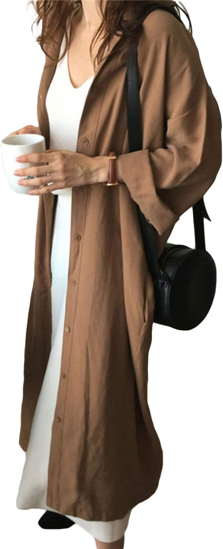 GGUHHU Womens Chic Button Down Rolled-Up Sleeve Long Cotton Blouse Maxi Dress (X-Small, Brown)