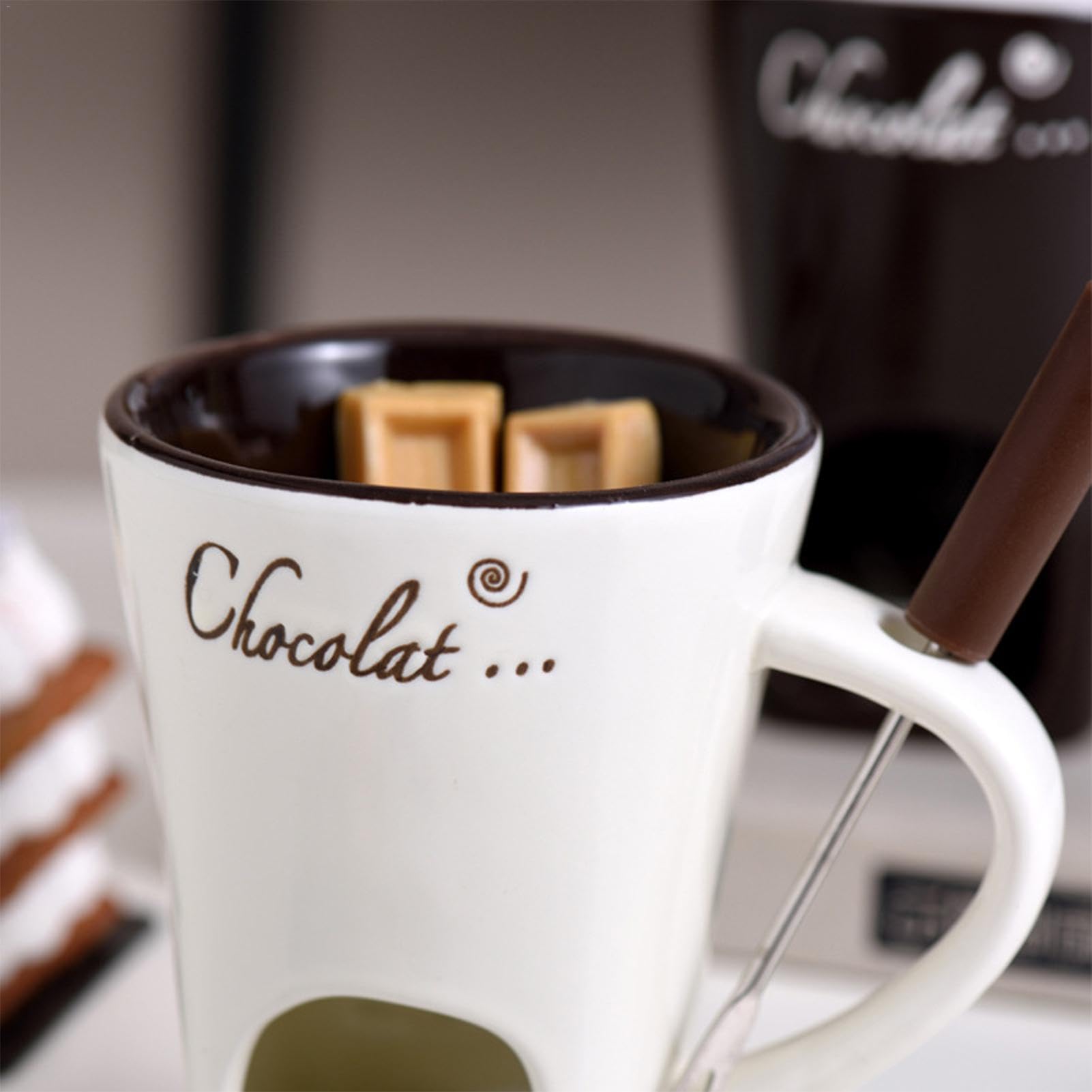 Chocoladefonduebeker, 130 ml, keramische smeltpot, beker met fonduevork, theelichtkaarsen, smeltpot, persoonlijke fonduepan, multifunctionele smeltbeker, -fonduepan voor picknicks