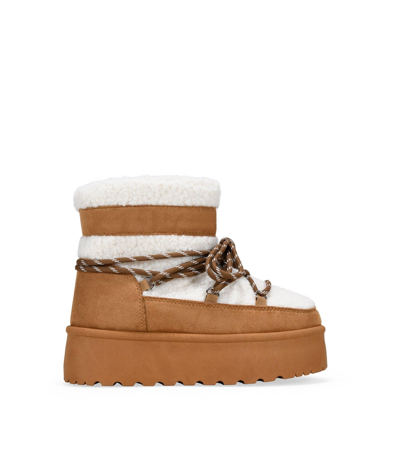 BOSANOVA Botas de Nieve para Mujer con Pelo de Borreguillo Beige y Suela de Plataforma Dentada de 4.5 cm. Cierre Mediante Cordones. No Son Impermeables. Calzado para Mujer Cuero 38